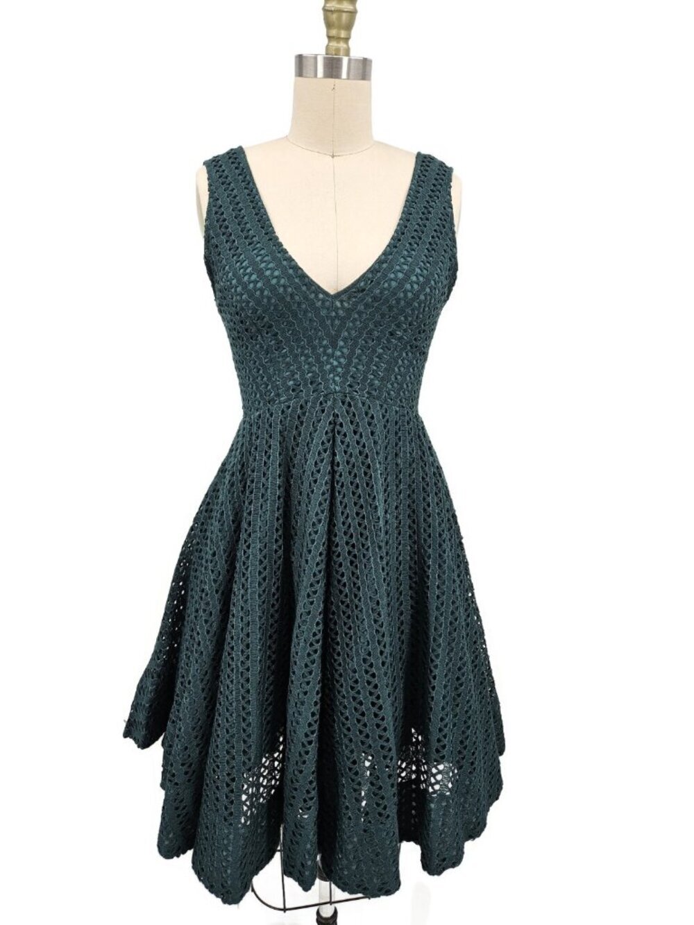 Sandro Bliss Green Crochet V-Neck Mini Dress Womens 1 US 4 Fit Flare Circle